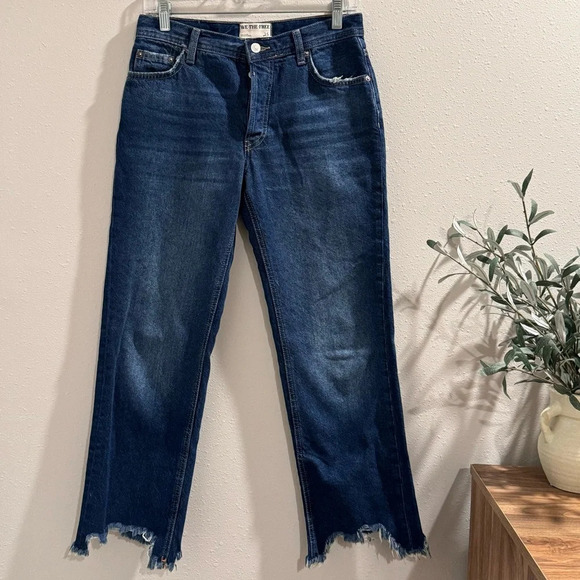 Free People Maggie Mid-Rise Straight Leg Raw Hem Cropped Button Fly Jeans 25 EUC - Picture 1 of 9
